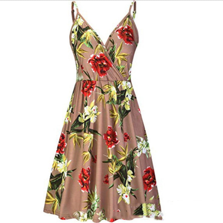 Women's Summer Printed Pleated Suspender Casual Large Swing Dresses