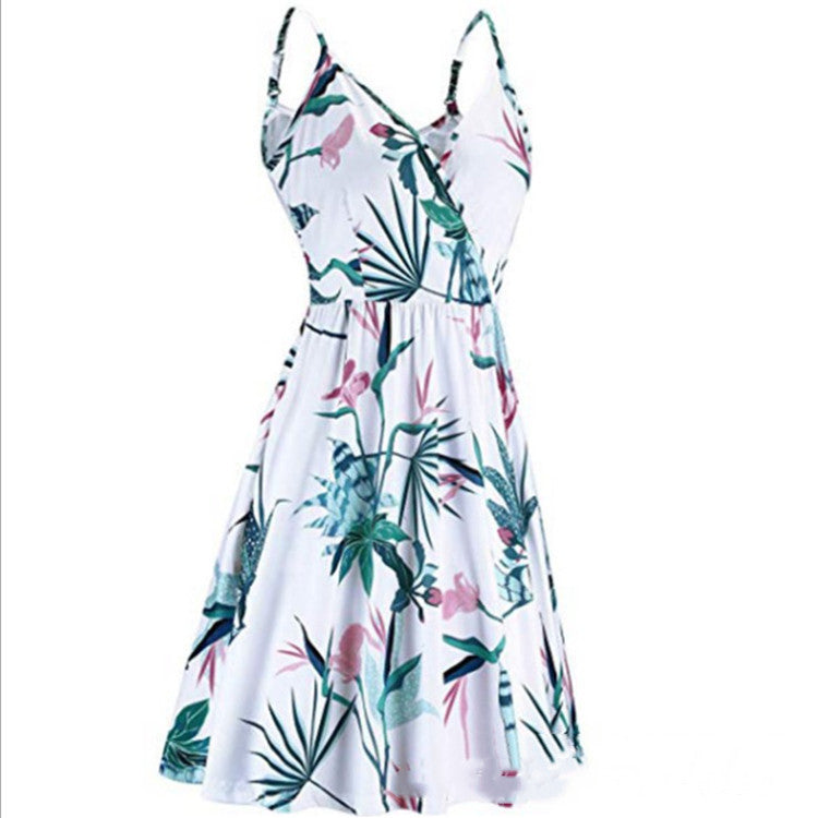 Women's Summer Printed Pleated Suspender Casual Large Swing Dresses