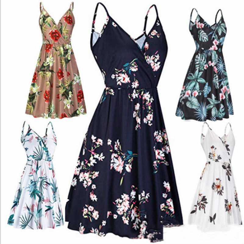 Women's Summer Printed Pleated Suspender Casual Large Swing Dresses