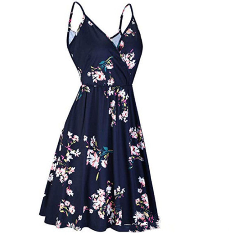 Women's Summer Printed Pleated Suspender Casual Large Swing Dresses