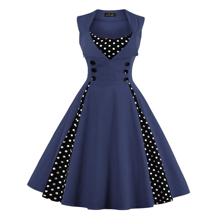 Women's Dot Print Stitching Large Swing Retro Dresses