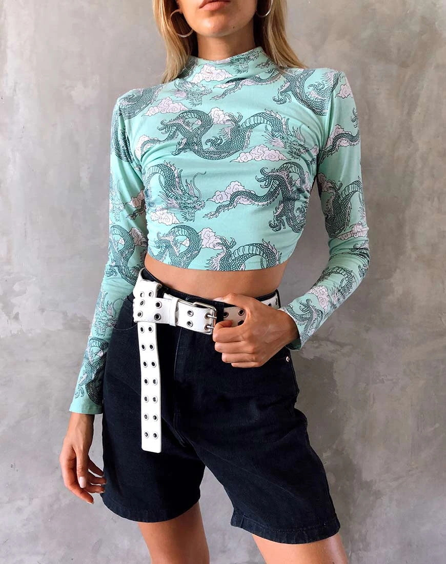 Women's Cropped Sexy Backless Lace Printed Long-sleeved Blouses