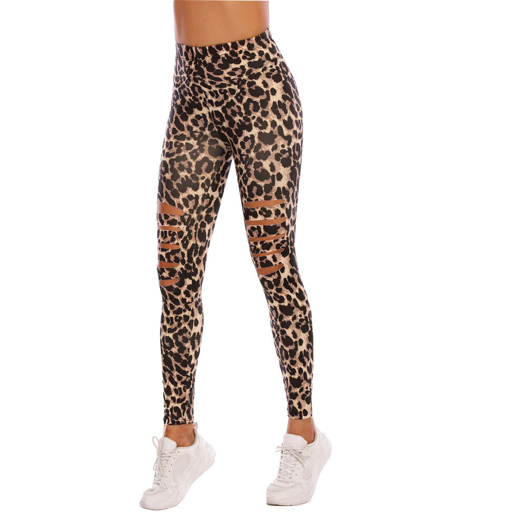 Women's Printed Leopard Print Tight Ripped High Sports Leggings