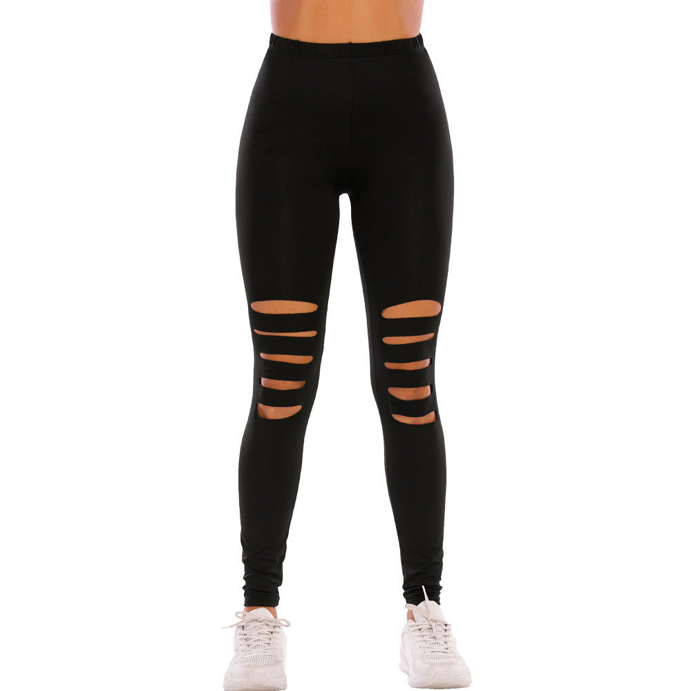 Women's Printed Leopard Print Tight Ripped High Sports Leggings