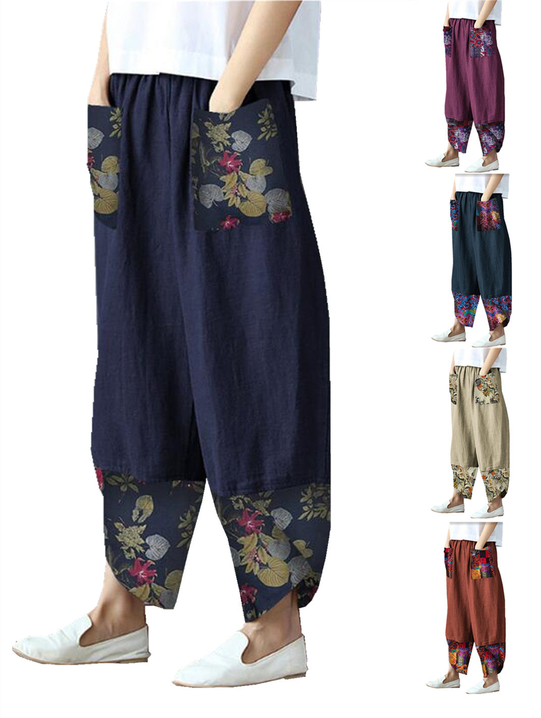 Women's Printed Patchwork Cotton Linen Wide-leg Loose Pants