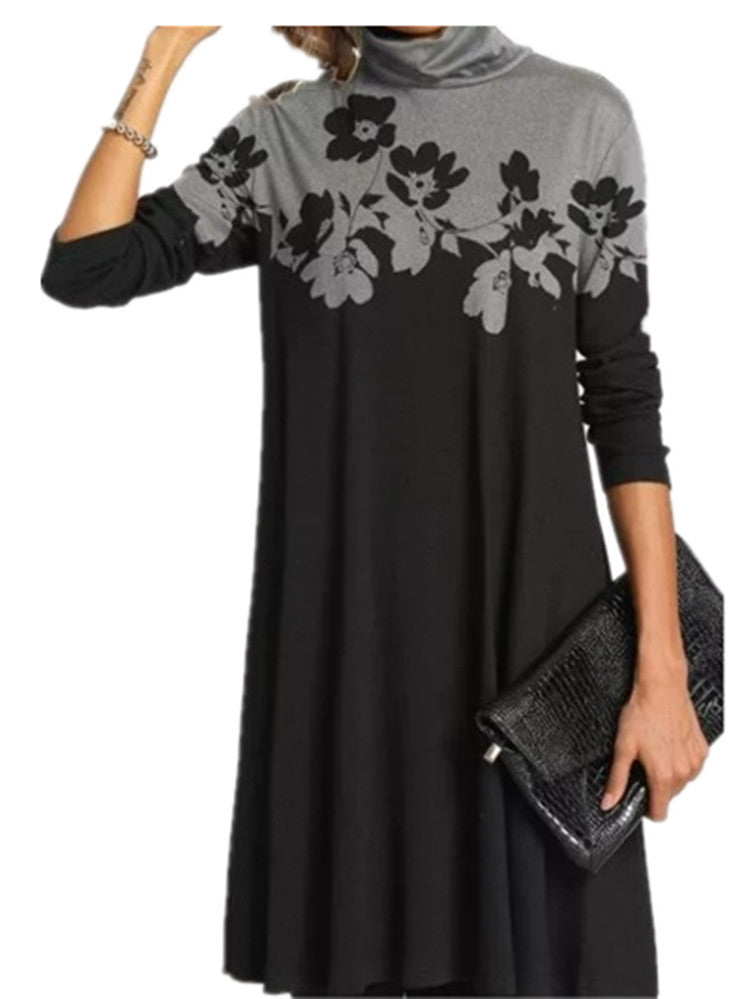 Women's Fashion Printed Collar Long Sleeves Loose Dresses