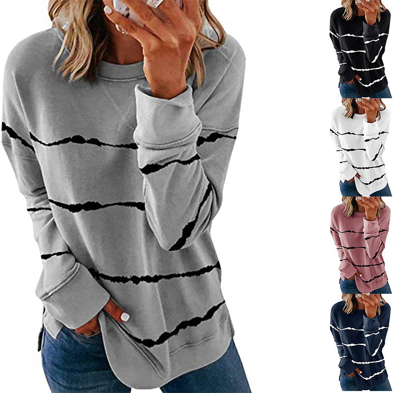 Women's Tie-dyed Printed Striped Round Neck Loose Blouses