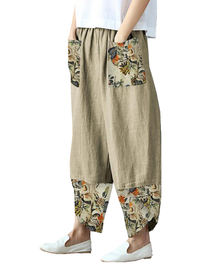 Women's Printed Patchwork Cotton Linen Wide-leg Loose Pants