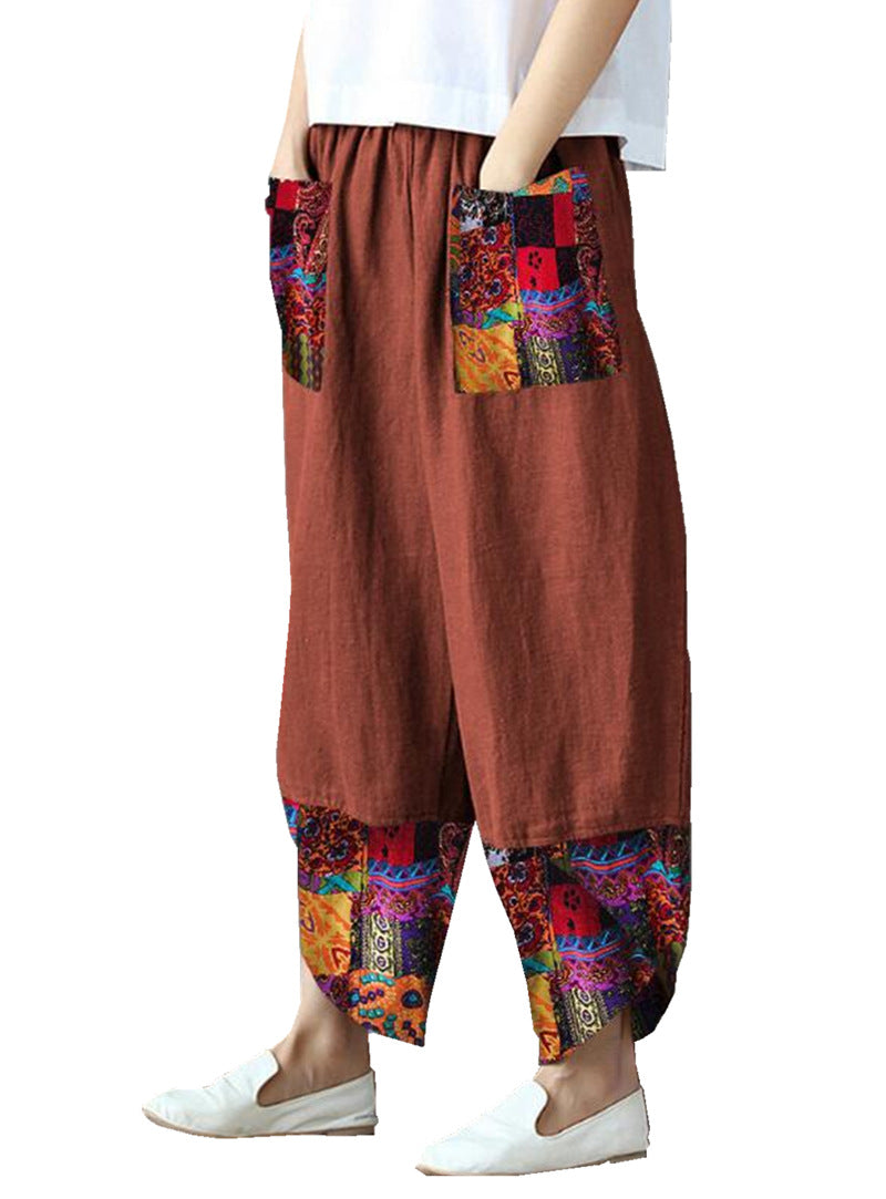 Women's Printed Patchwork Cotton Linen Wide-leg Loose Pants