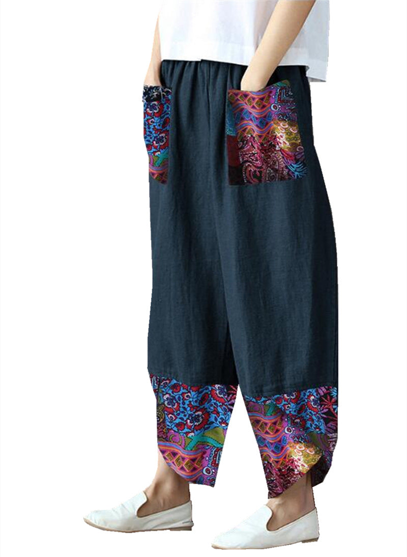 Women's Printed Patchwork Cotton Linen Wide-leg Loose Pants