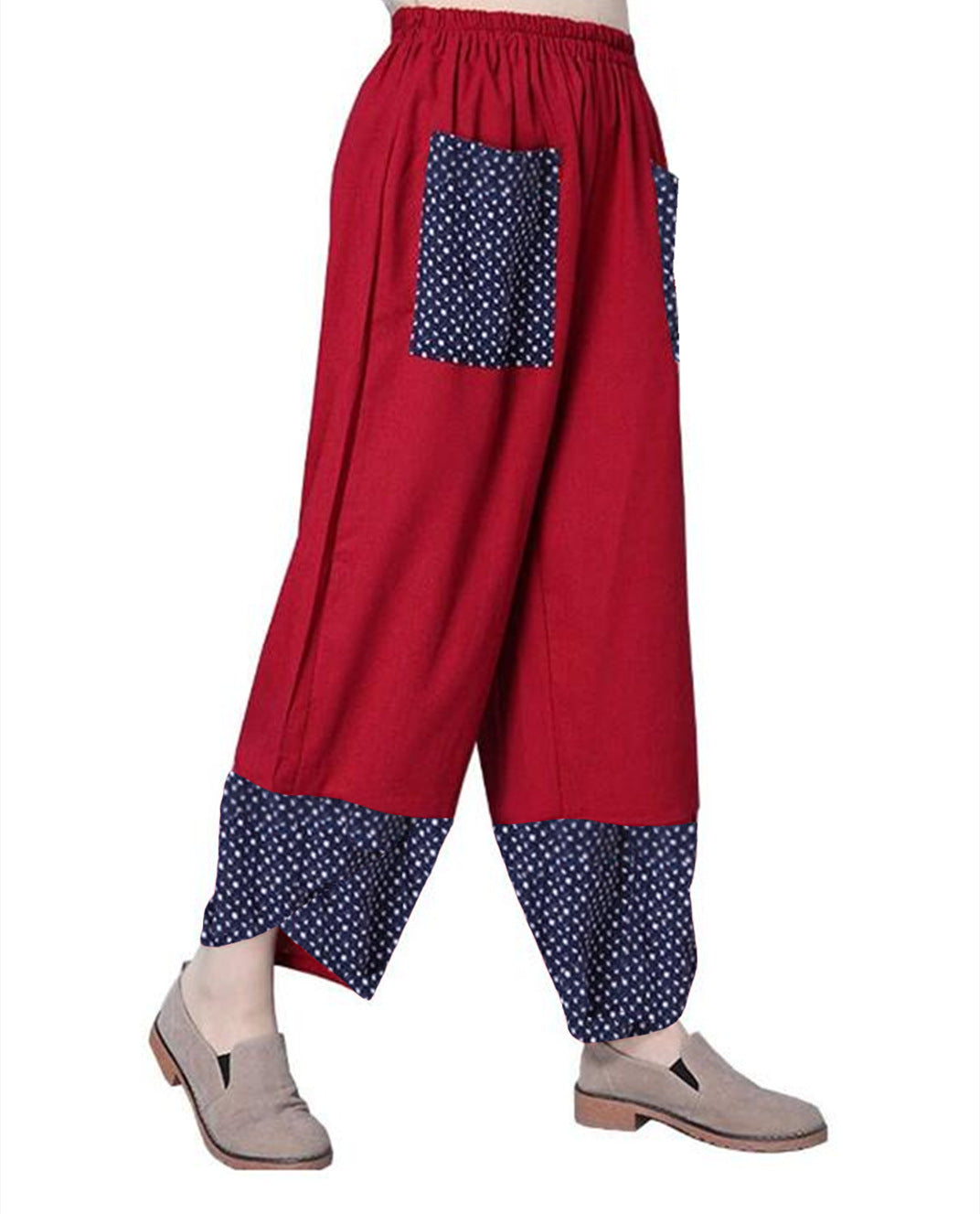 Women's Printed Patchwork Cotton Linen Wide-leg Loose Pants