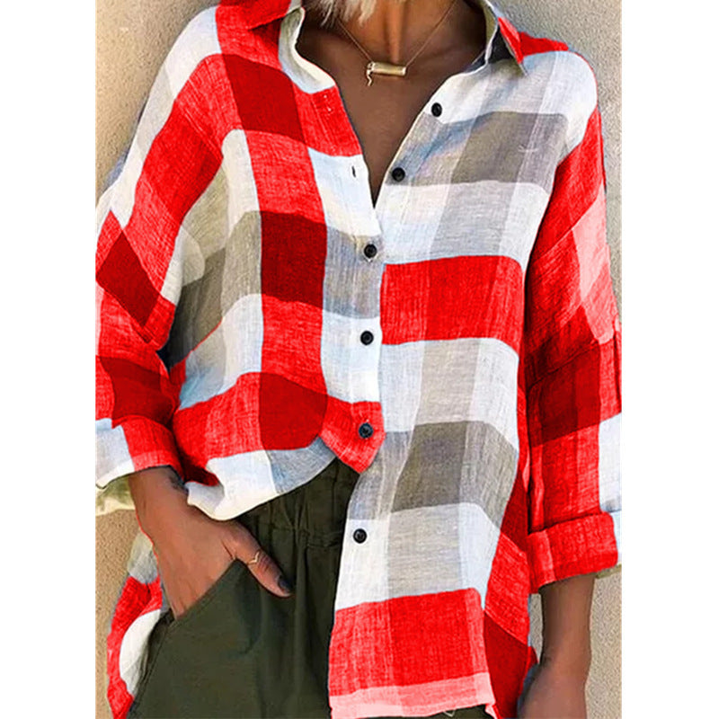 Women's Slouchy Printed Long-sleeved Loose Plaid Blouses