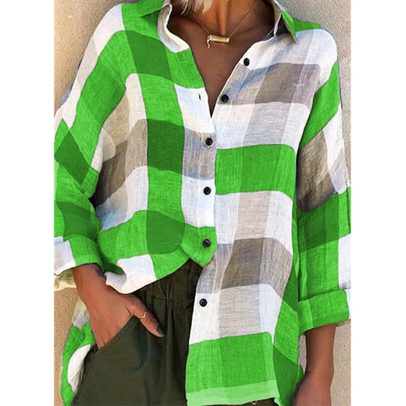 Women's Slouchy Printed Long-sleeved Loose Plaid Blouses