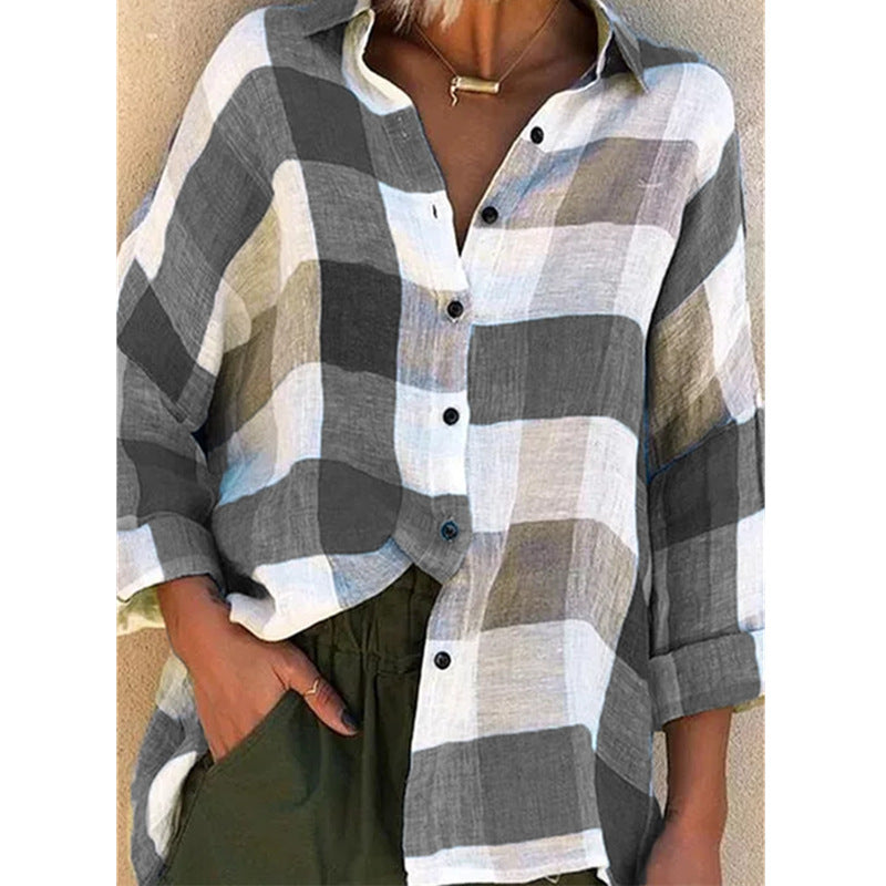 Women's Slouchy Printed Long-sleeved Loose Plaid Blouses