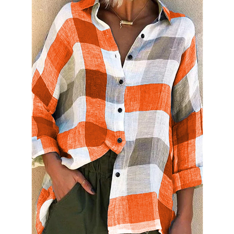 Women's Slouchy Printed Long-sleeved Loose Plaid Blouses