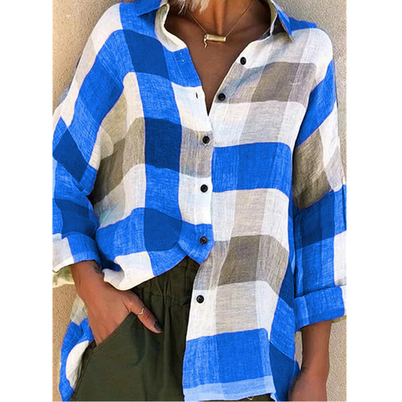 Women's Slouchy Printed Long-sleeved Loose Plaid Blouses