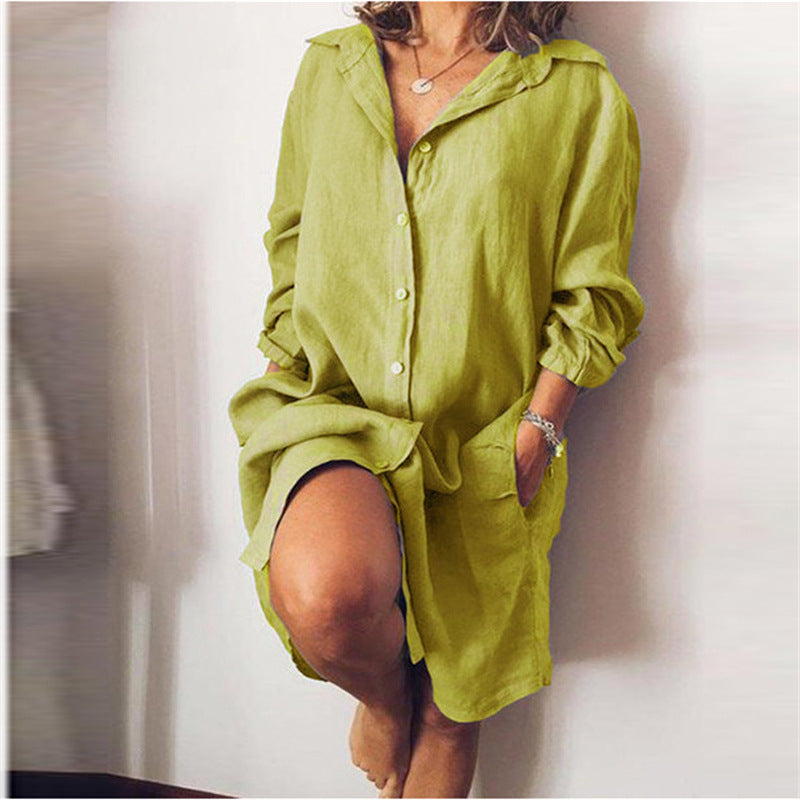 Women's Autumn Linen Mid-length Long Sleeve Solid Dresses