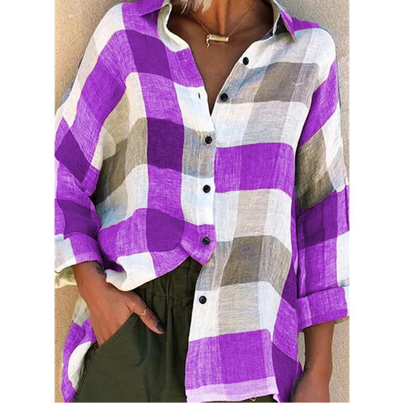 Women's Slouchy Printed Long-sleeved Loose Plaid Blouses