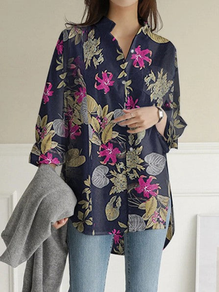 Long Sleeve Loose Large Linen Printed Blouses