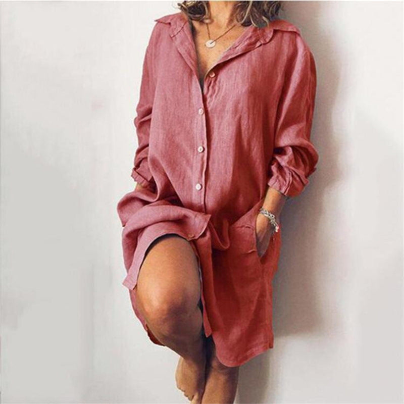 Women's Autumn Linen Mid-length Long Sleeve Solid Dresses