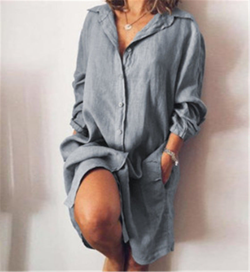 Women's Autumn Linen Mid-length Long Sleeve Solid Dresses