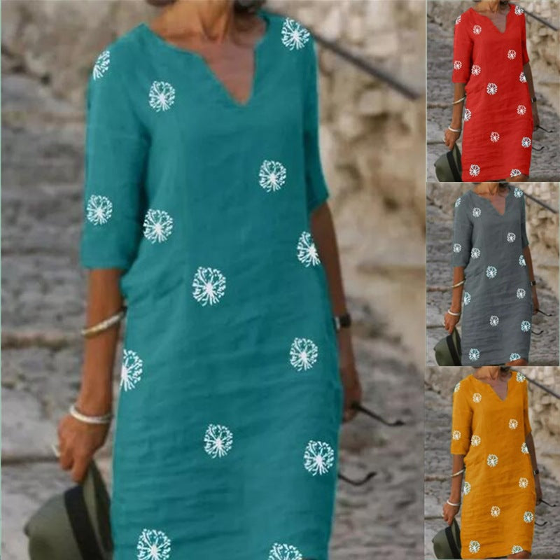 Women's Retro Cotton Linen Printing Stitching Small V-neck Long-sleeve Dresses