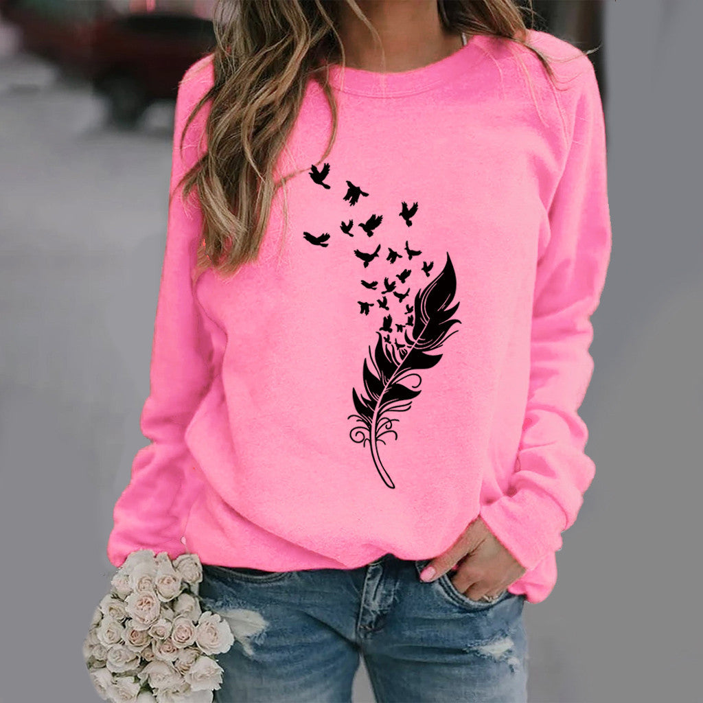 Feather Fun Pattern Printing Long Sleeve Sweaters