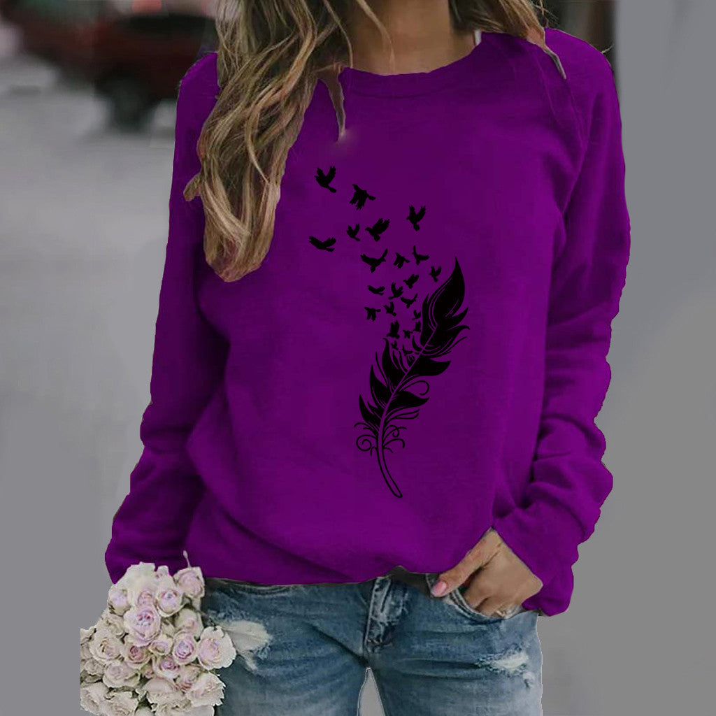 Feather Fun Pattern Printing Long Sleeve Sweaters