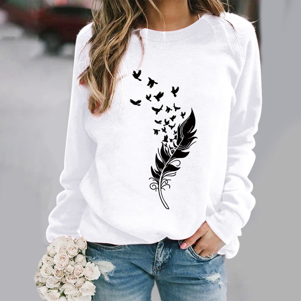 Feather Fun Pattern Printing Long Sleeve Sweaters