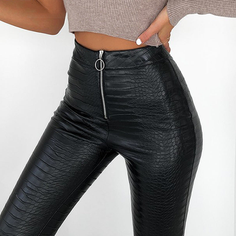 Women's High Waist Crocodile Pattern Slim Zipper Pants