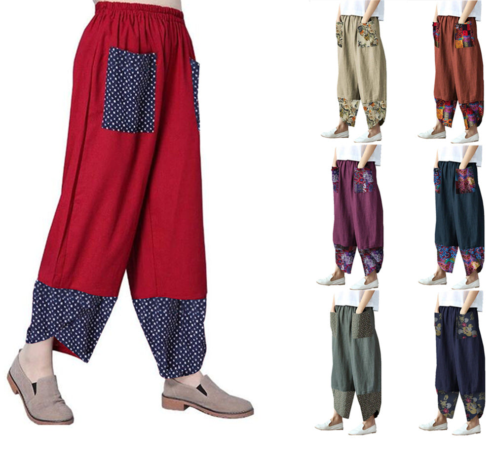 Women's Printed Patchwork Cotton Linen Wide-leg Loose Pants