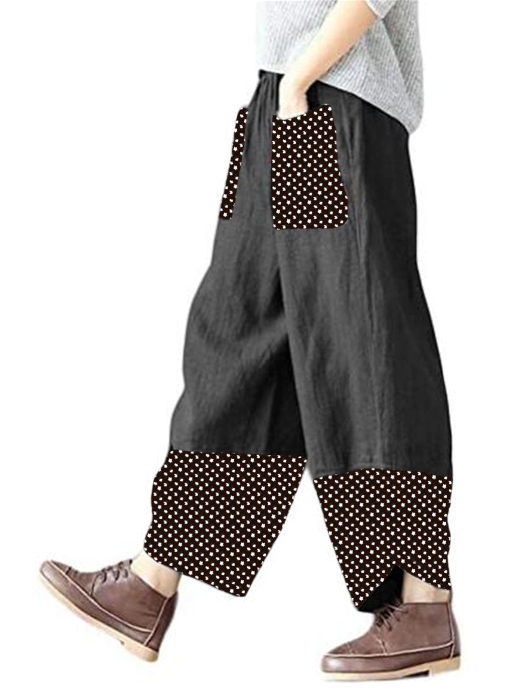 Women's Printed Patchwork Cotton Linen Wide-leg Loose Pants