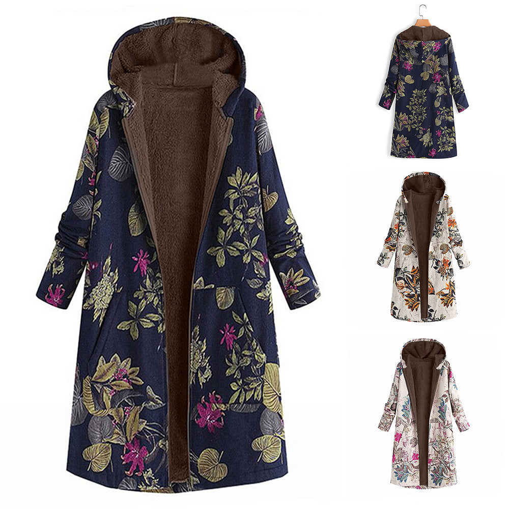 Women's Retro Pattern Print Hooded Long Zipper Coats