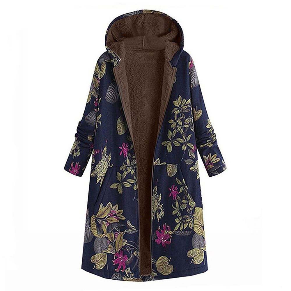 Women's Retro Pattern Print Hooded Long Zipper Coats