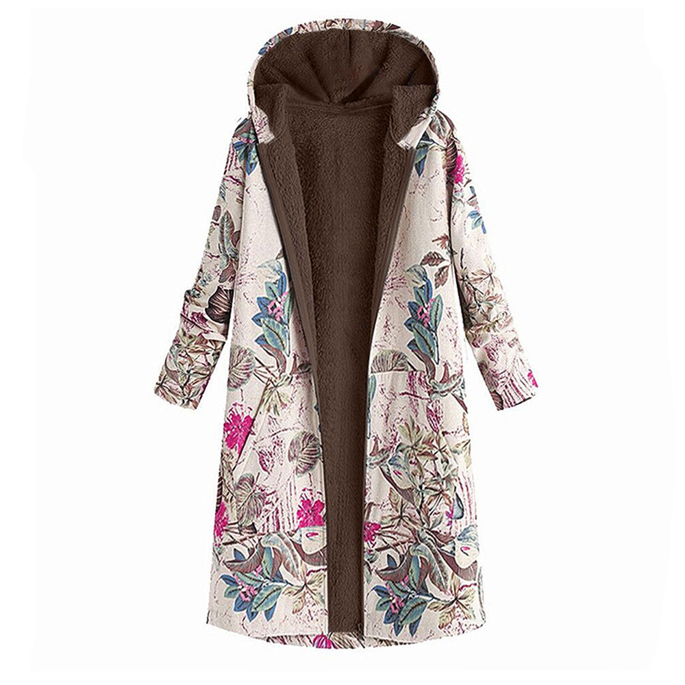 Women's Retro Pattern Print Hooded Long Zipper Coats