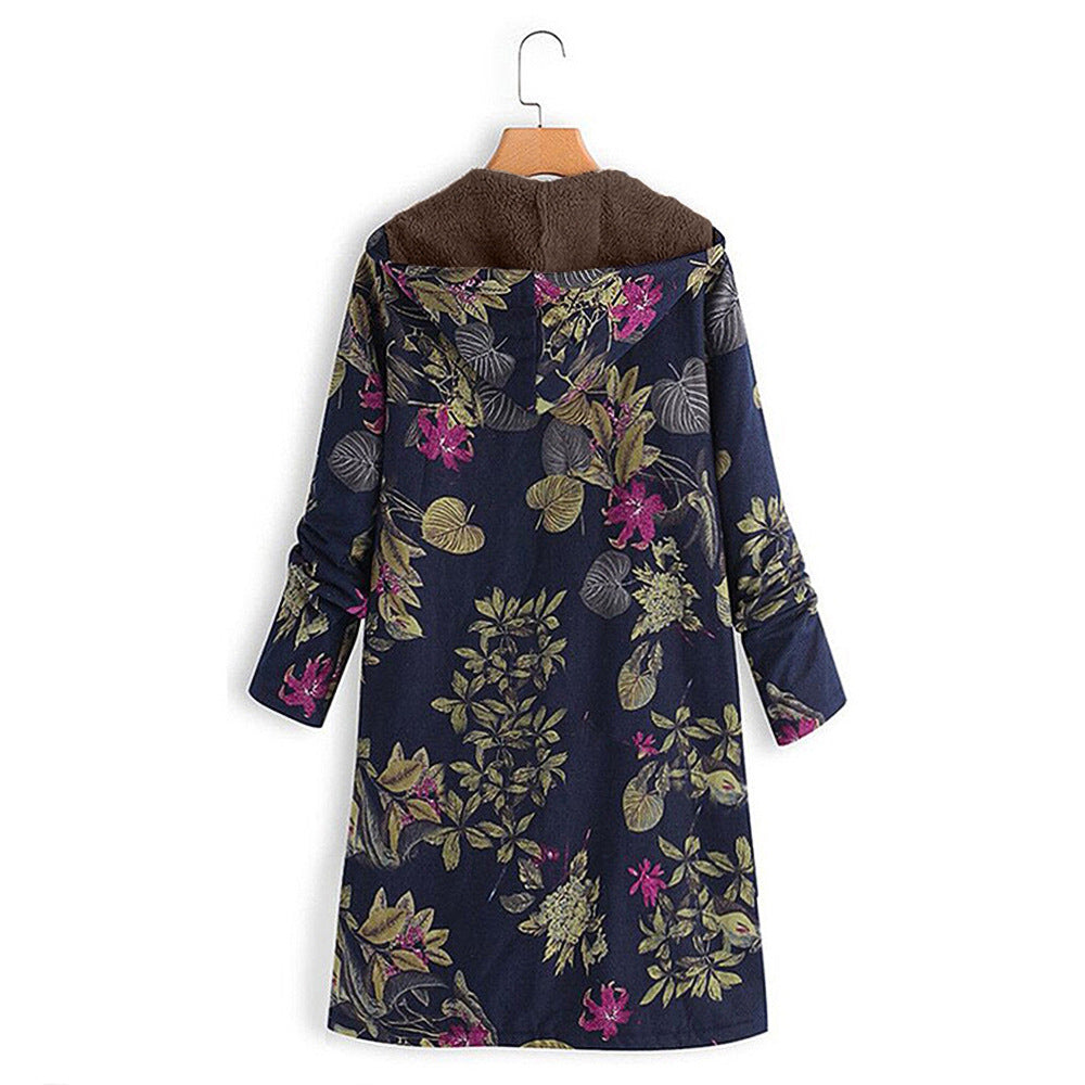 Women's Retro Pattern Print Hooded Long Zipper Coats