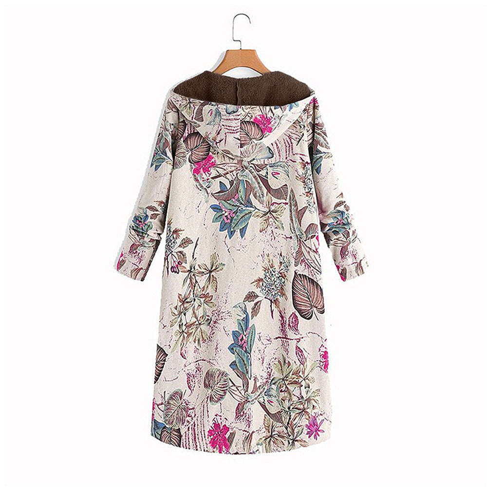 Women's Retro Pattern Print Hooded Long Zipper Coats