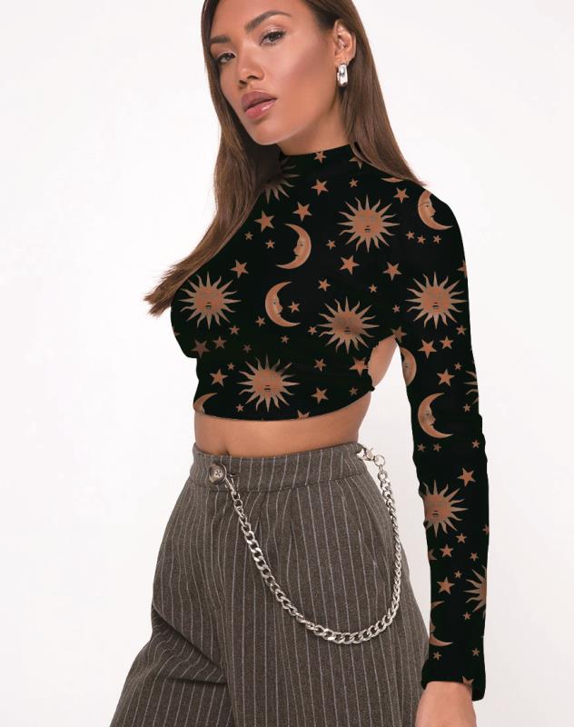 Women's Cropped Sexy Backless Lace Printed Long-sleeved Blouses