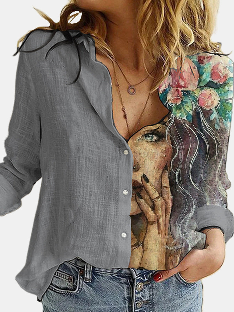 Women's Wear Loose Retro Digital Printing Long-sleeved Blouses