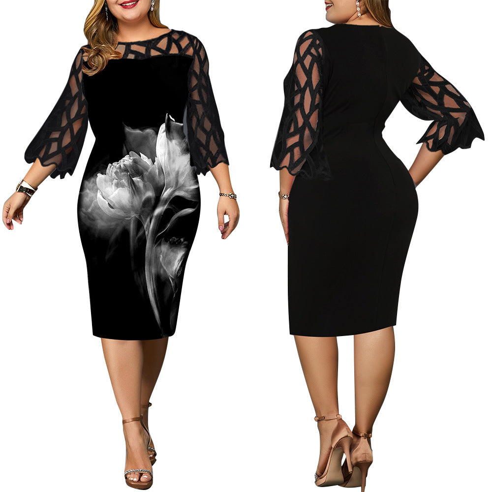 Women's Autumn Digital Printing Stitching 3/4 Sleeve Dresses