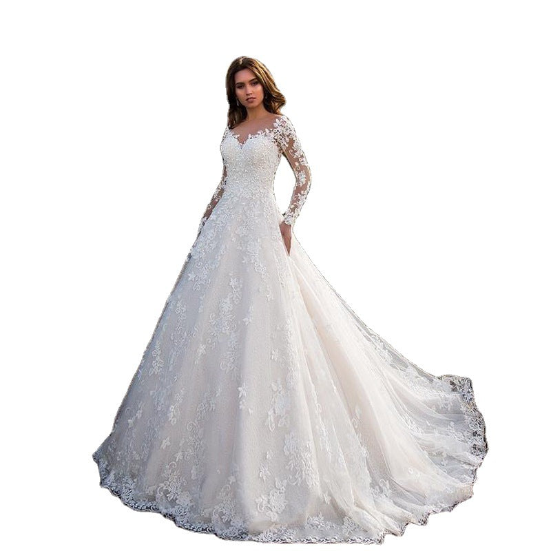 Women's Lace Long-sleeved White Bridal Dress Gown Dresses