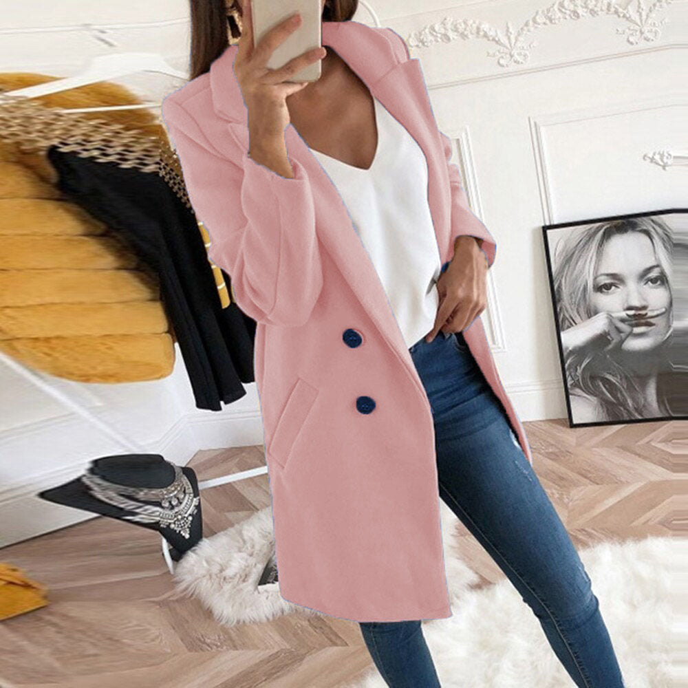 Women's Solid Color Polo Collar Mid-length Button Coats