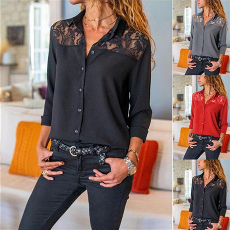 Women's Solid Color Lace Button Shirt Blouses