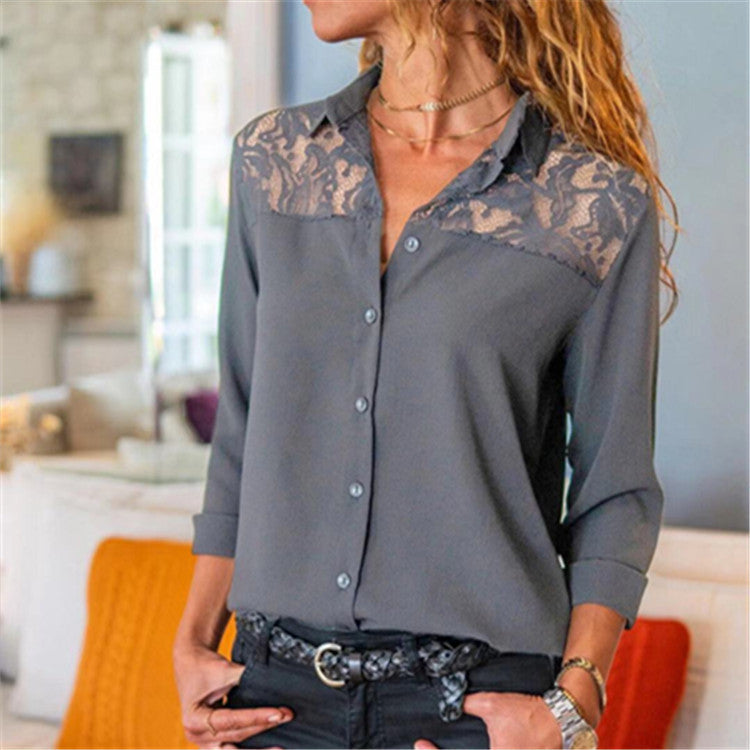 Women's Solid Color Lace Button Shirt Blouses