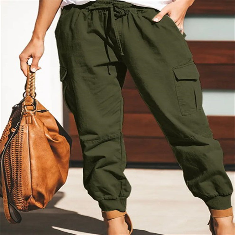 Women's Solid Color Casual Fashion Pocket Lace-up Pants