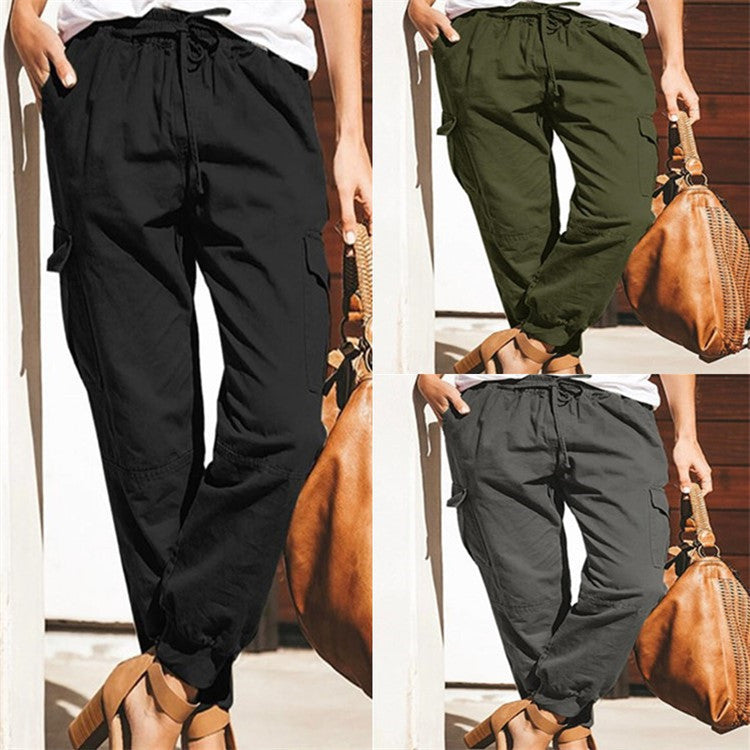 Women's Solid Color Casual Fashion Pocket Lace-up Pants