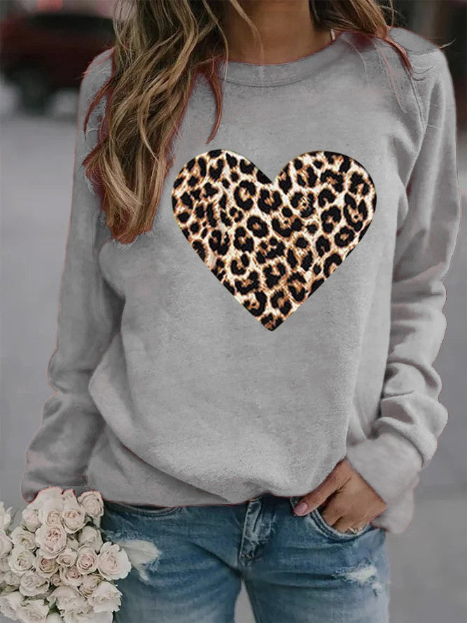 Women's Round Neck Leopard Print Heart Printing Hooded Veet Coats