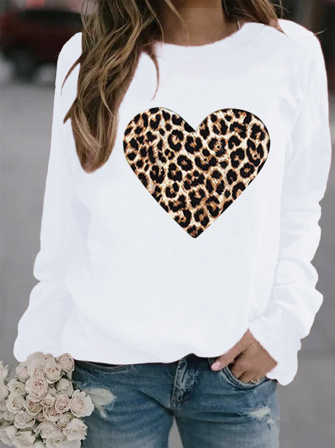 Women's Round Neck Leopard Print Heart Printing Hooded Veet Coats