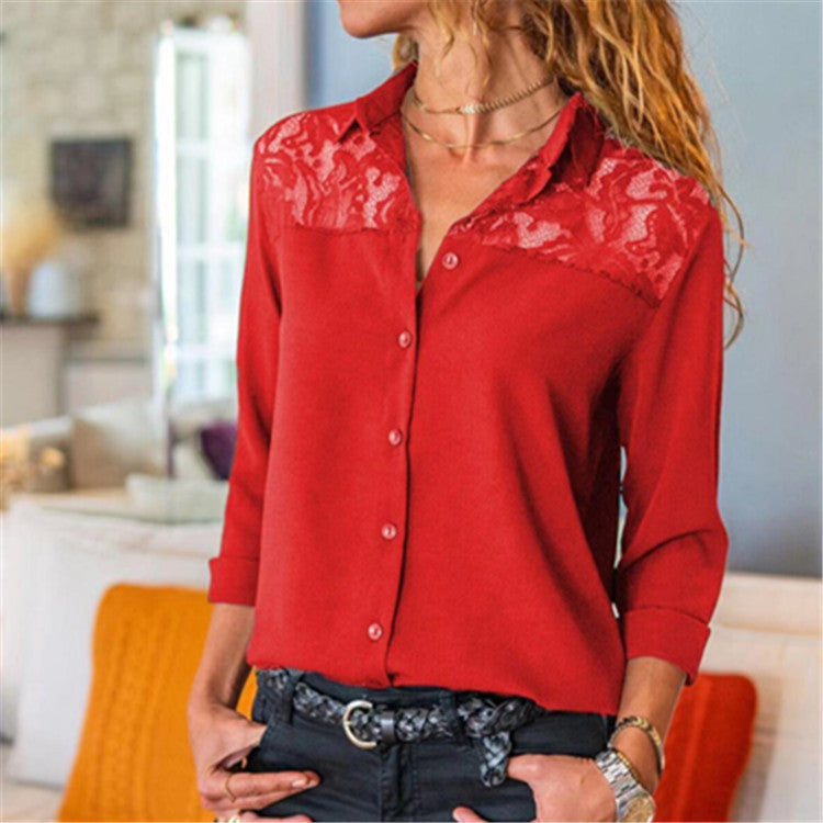 Women's Solid Color Lace Button Shirt Blouses