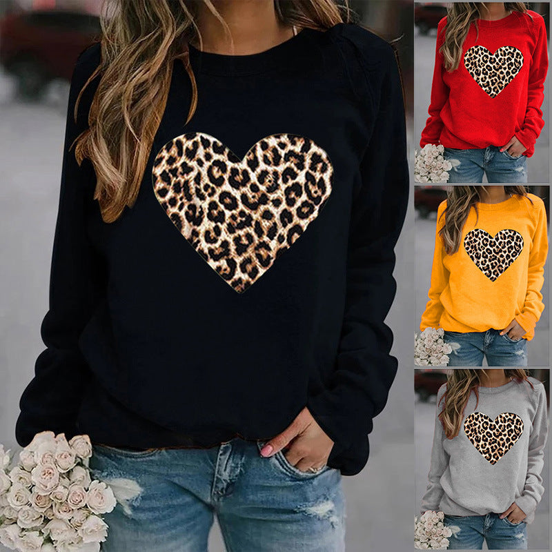 Women's Round Neck Leopard Print Heart Printing Hooded Veet Coats